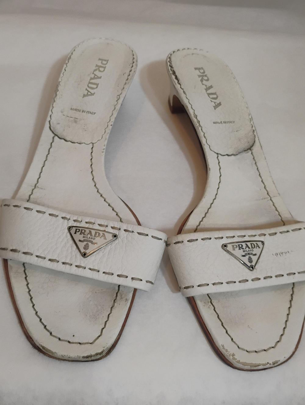 Prada Triangle Logo Heels Sandals White  Leather Shoes 38.5 Y2K